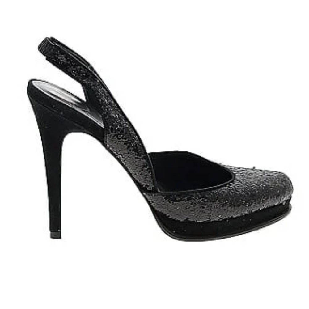 DVF Diane von Furstenberg black glitter heels sling back pumps d’Orsay women’s